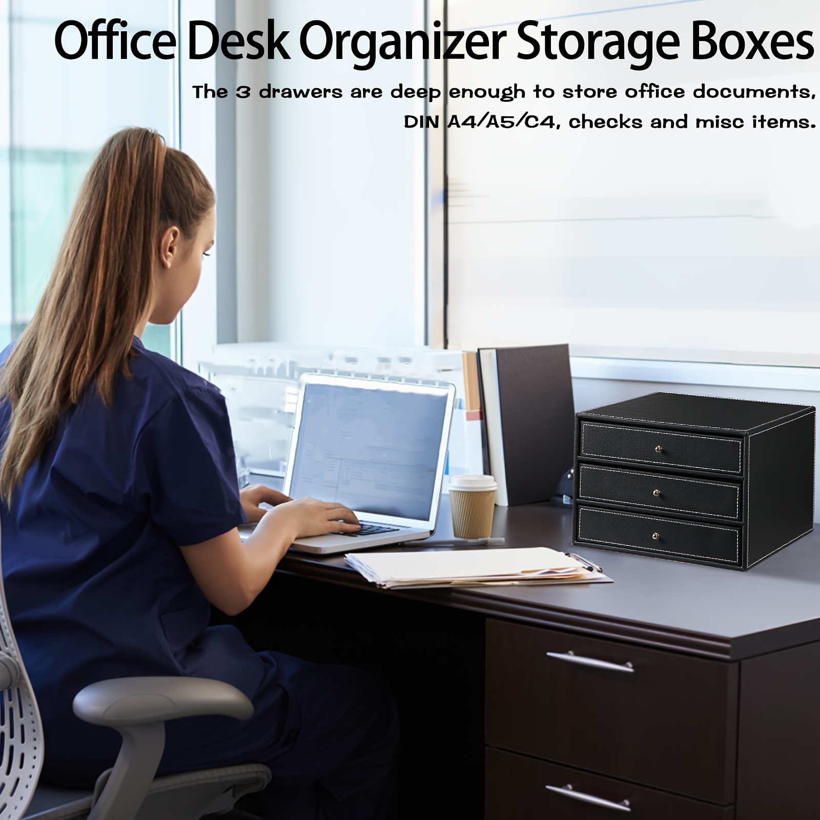 3 Interlayers, PU Leather Stackable Desktop Storage Drawer/Office Drawer Storage - Image 9