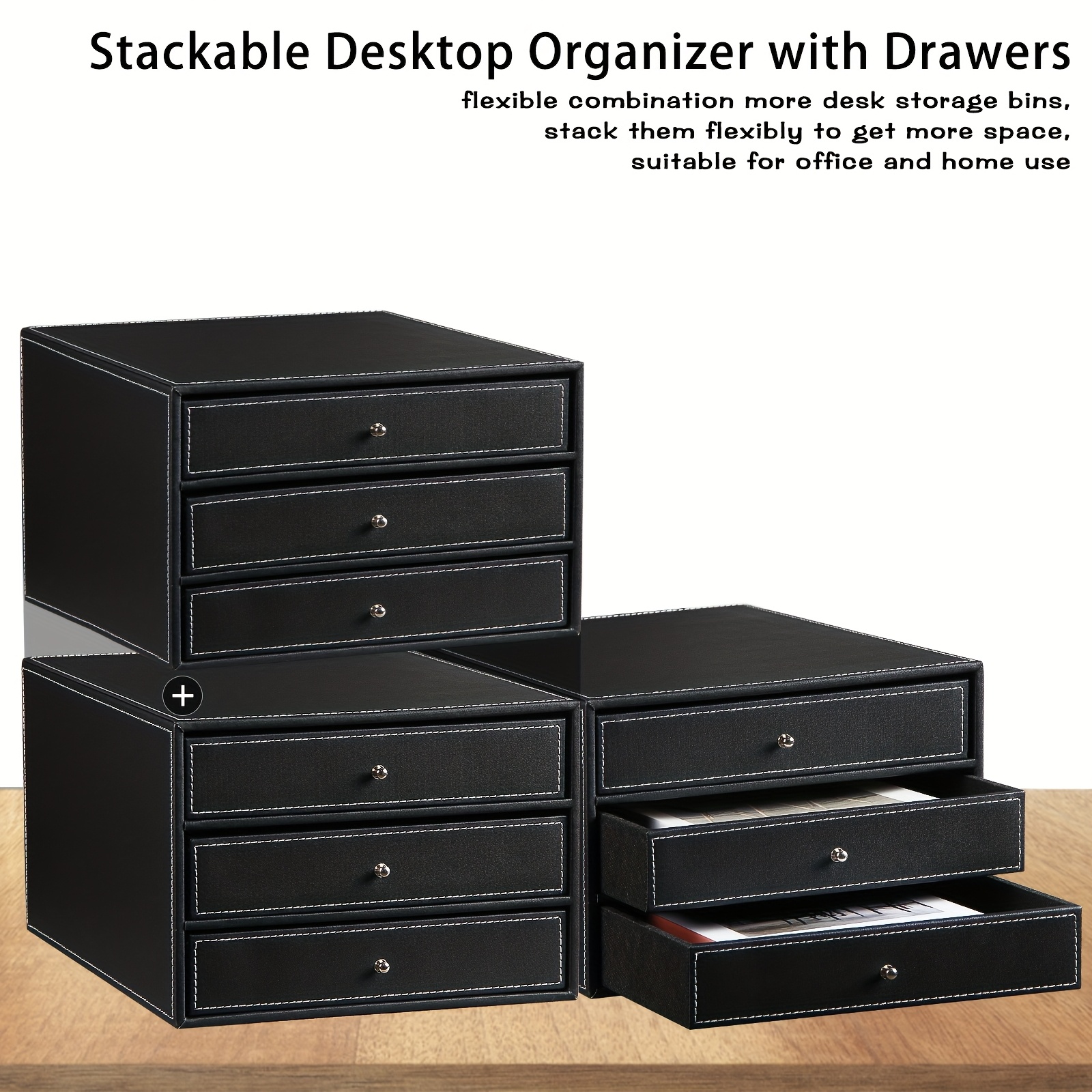 3 Interlayers, PU Leather Stackable Desktop Storage Drawer/Office Drawer Storage - Image 11