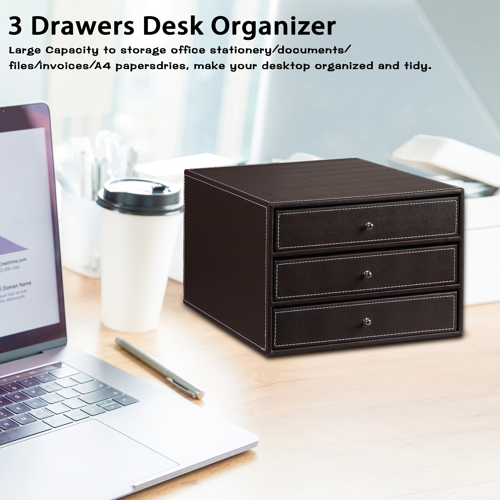 3 Interlayers, PU Leather Stackable Desktop Storage Drawer/Office Drawer Storage - Image 8