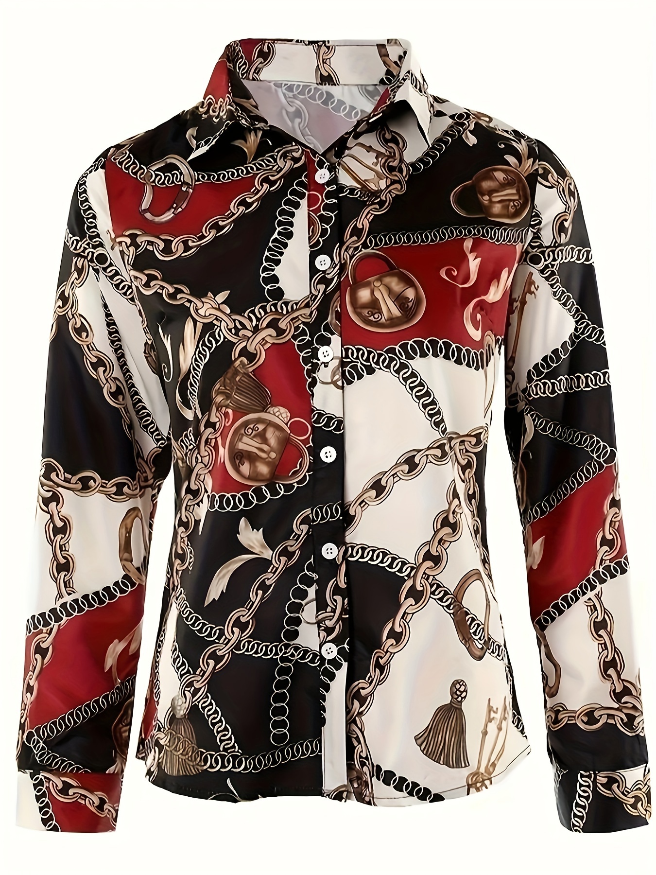 Elegant Chain Print Long Sleeve Button-Down Shirt - Image 2