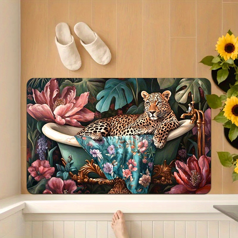 Elegant Leopard Design Bathroom Mat with Floral Patterns - Image 3