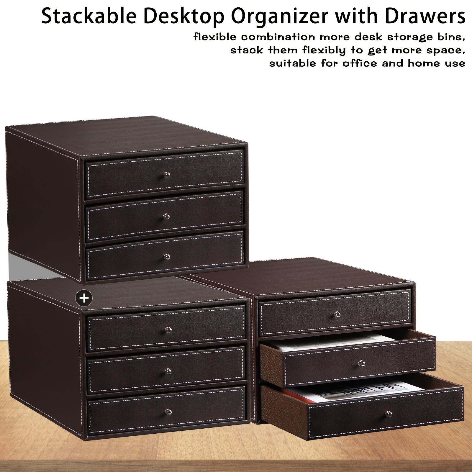 3 Interlayers, PU Leather Stackable Desktop Storage Drawer/Office Drawer Storage - Image 4