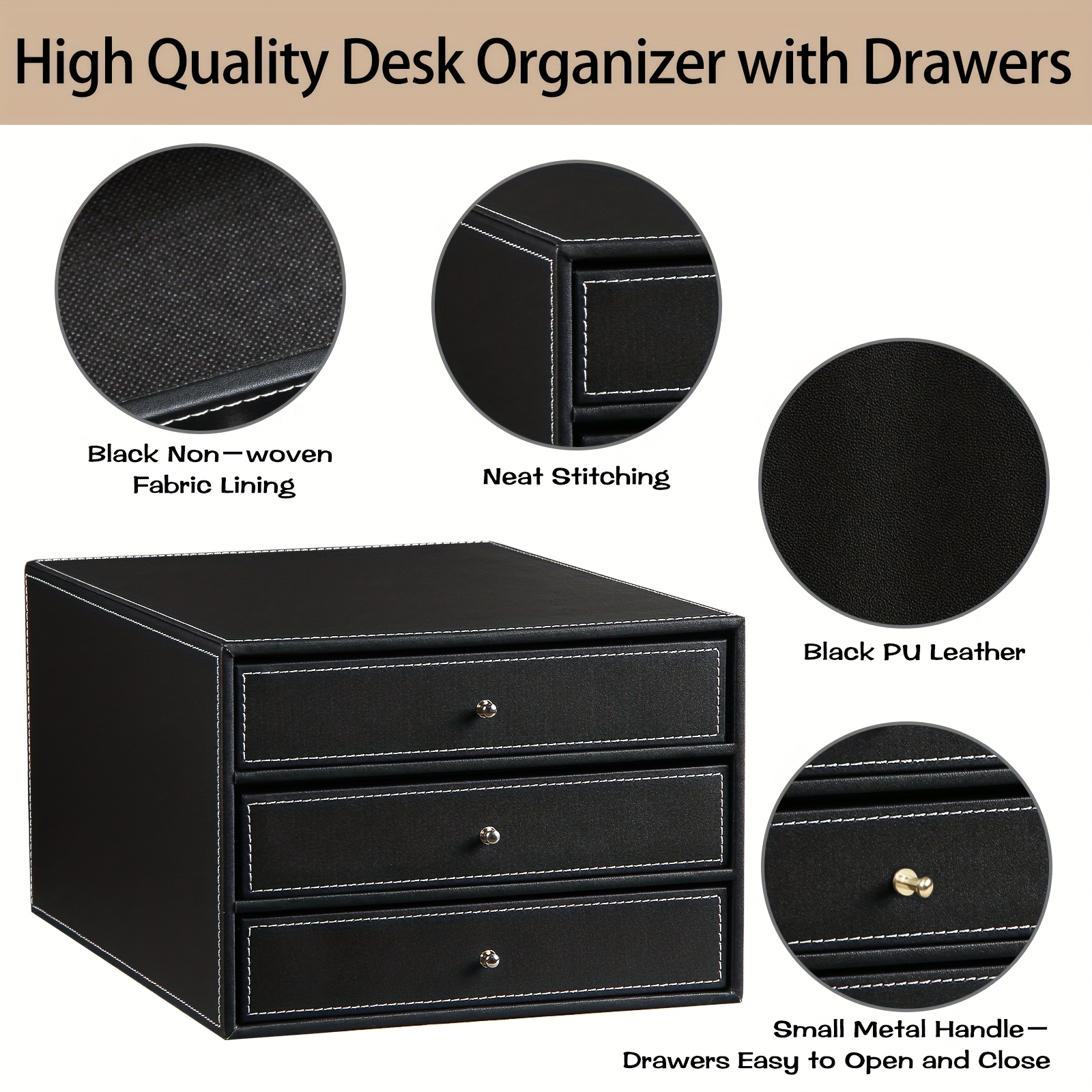 3 Interlayers, PU Leather Stackable Desktop Storage Drawer/Office Drawer Storage - Image 10
