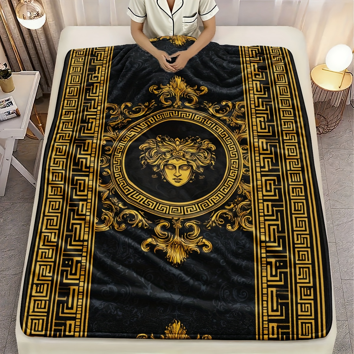 Luxury Medusa Greek Key Print Flannel Blanket