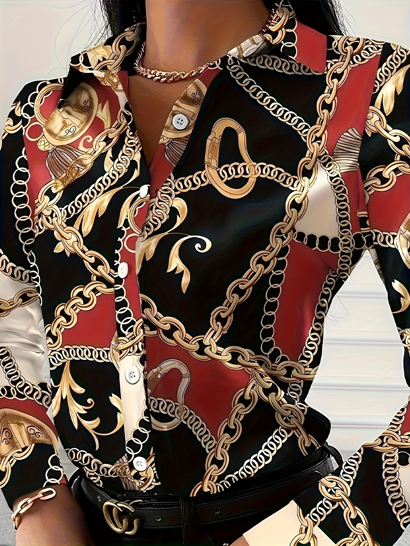 Elegant Chain Print Long Sleeve Button-Down Shirt