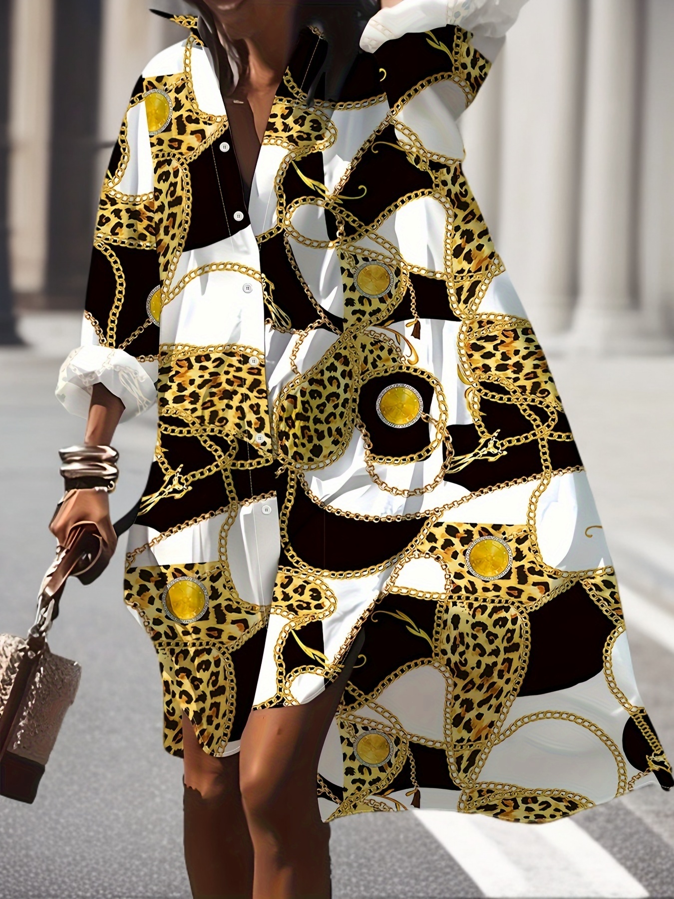 Leopard Print With Geometric Shapes button lapel long-sleeve dress