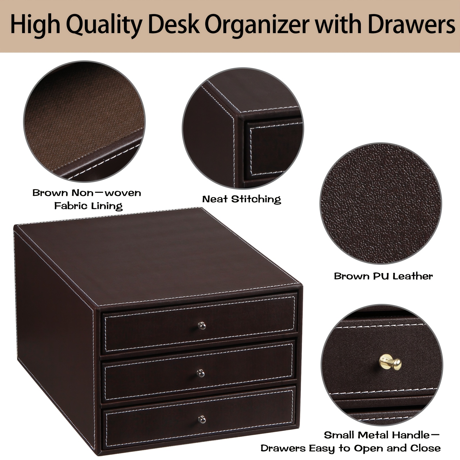 3 Interlayers, PU Leather Stackable Desktop Storage Drawer/Office Drawer Storage - Image 3