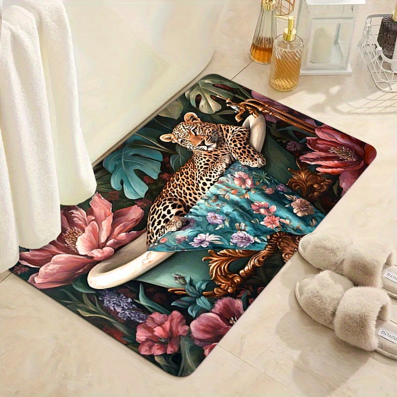 Elegant Leopard Design Bathroom Mat with Floral Patterns - Image 2
